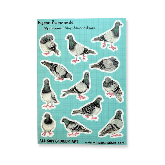 A sticker sheet of pigeons on a blue background.