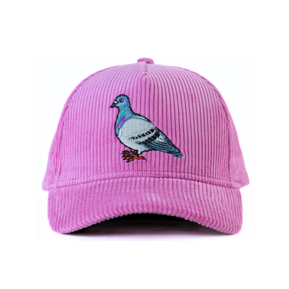 The front of a pink corduroy baseball cap with an embroidered pigeon on a white background.