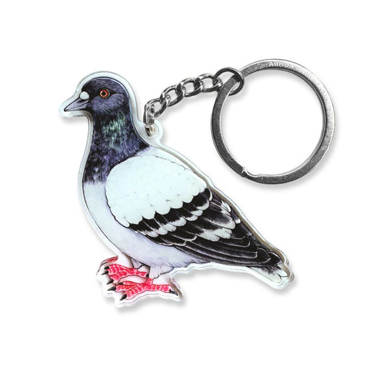 An acrylic keychain of a pigeon.