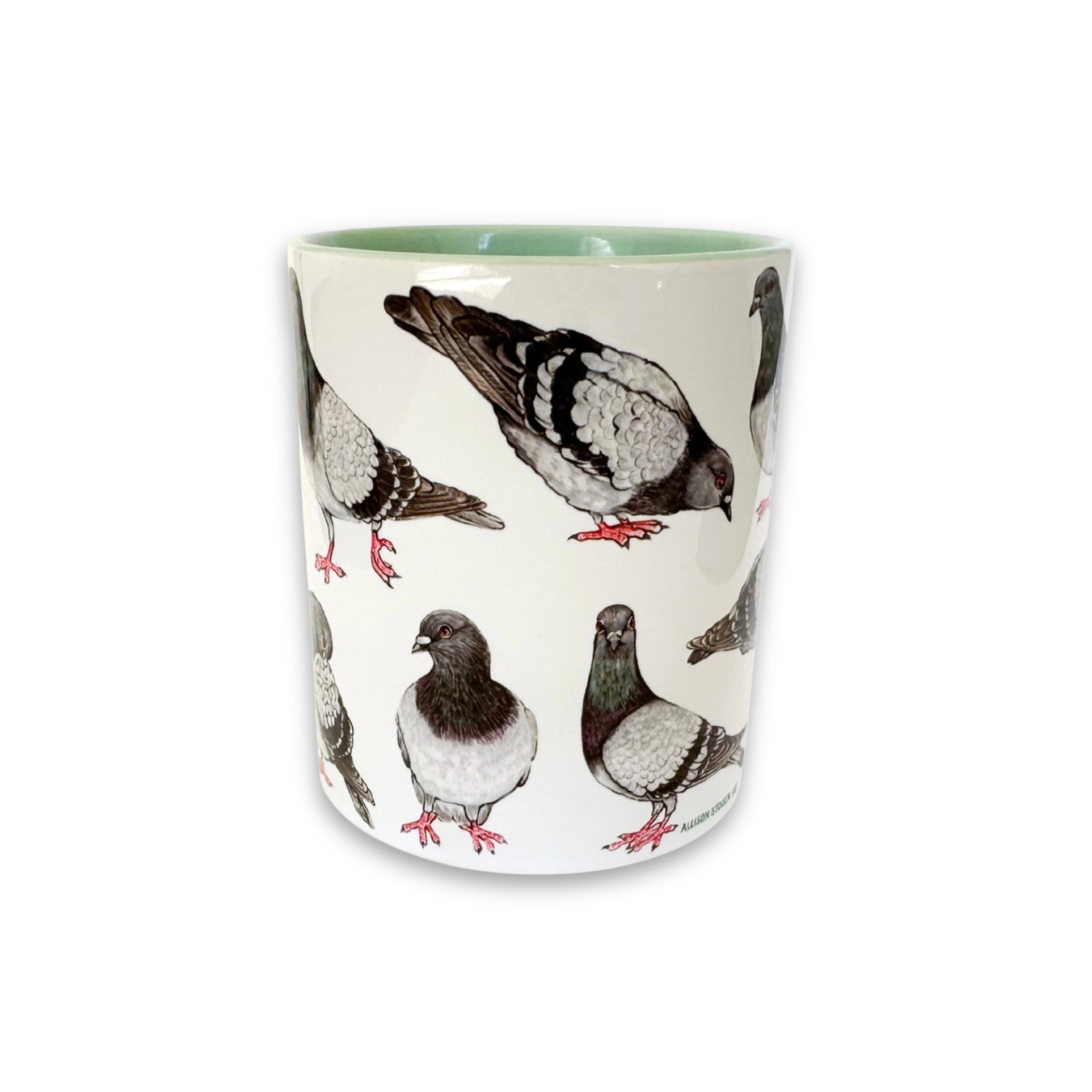 Mug with pigeon illustrations on a white background