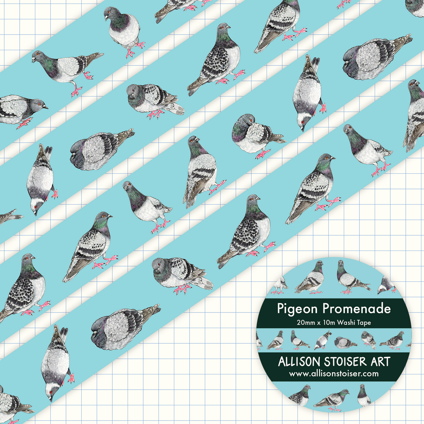 Washi tape of pigeons on a blue background. The text reads Pigeon Promenade 20mm x 10mm Washi Tape, Allison Stoiser Art.