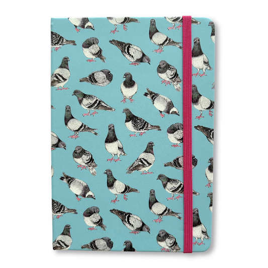 Notebook with pigeon pattern on a blue background.