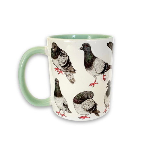 Mug with pigeon illustrations on a white background