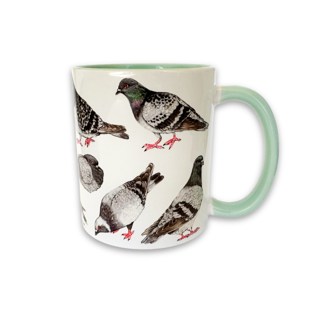 Mug with pigeon illustrations on a white background