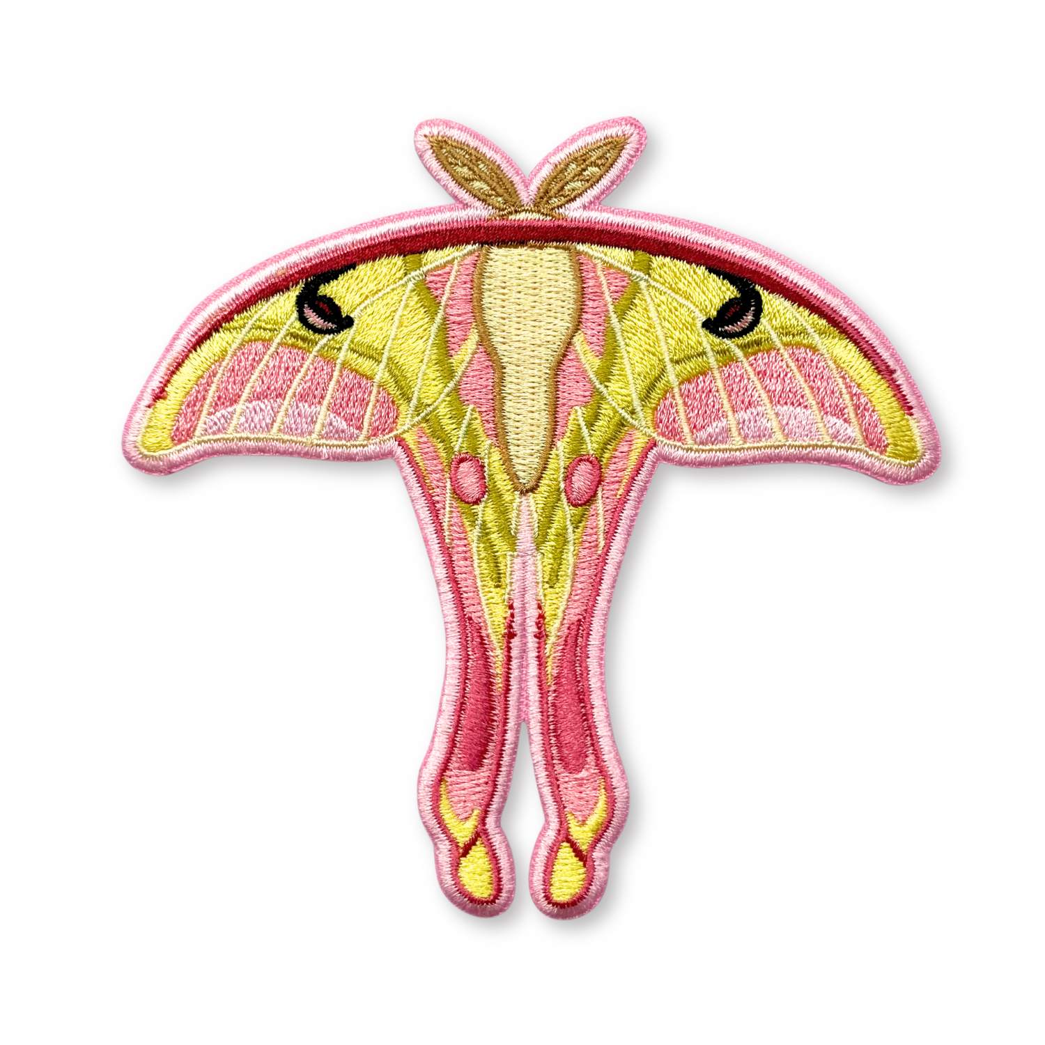 Embroidered patch of a pink spirit moth on a white background