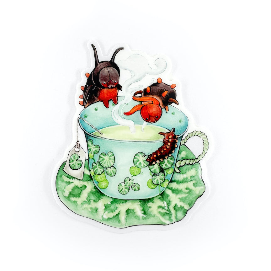 A weatherproof vinyl sticker of a blue teacup decorated with pipevine foliage and surrounded by pipevine swallowtail caterpillars on a white background.