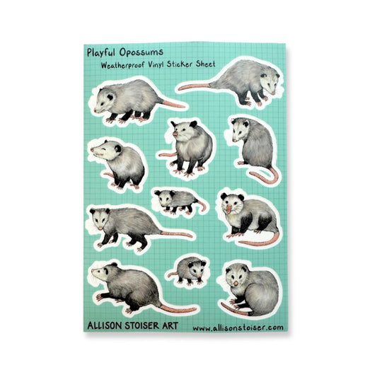 A weatherproof vinyl sticker sheet featuring illustrated opossums on a mint green grid background, with the text 'Playful Opossums' and 'ALLISON STOISER ART' at the bottom.