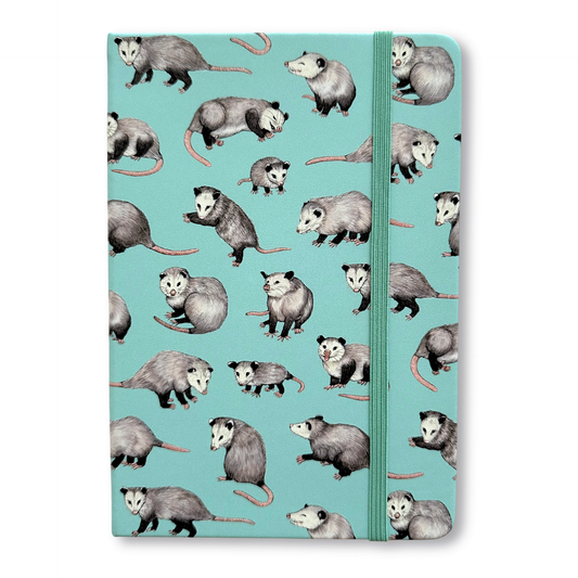 Notebook with opossum pattern on a teal background.