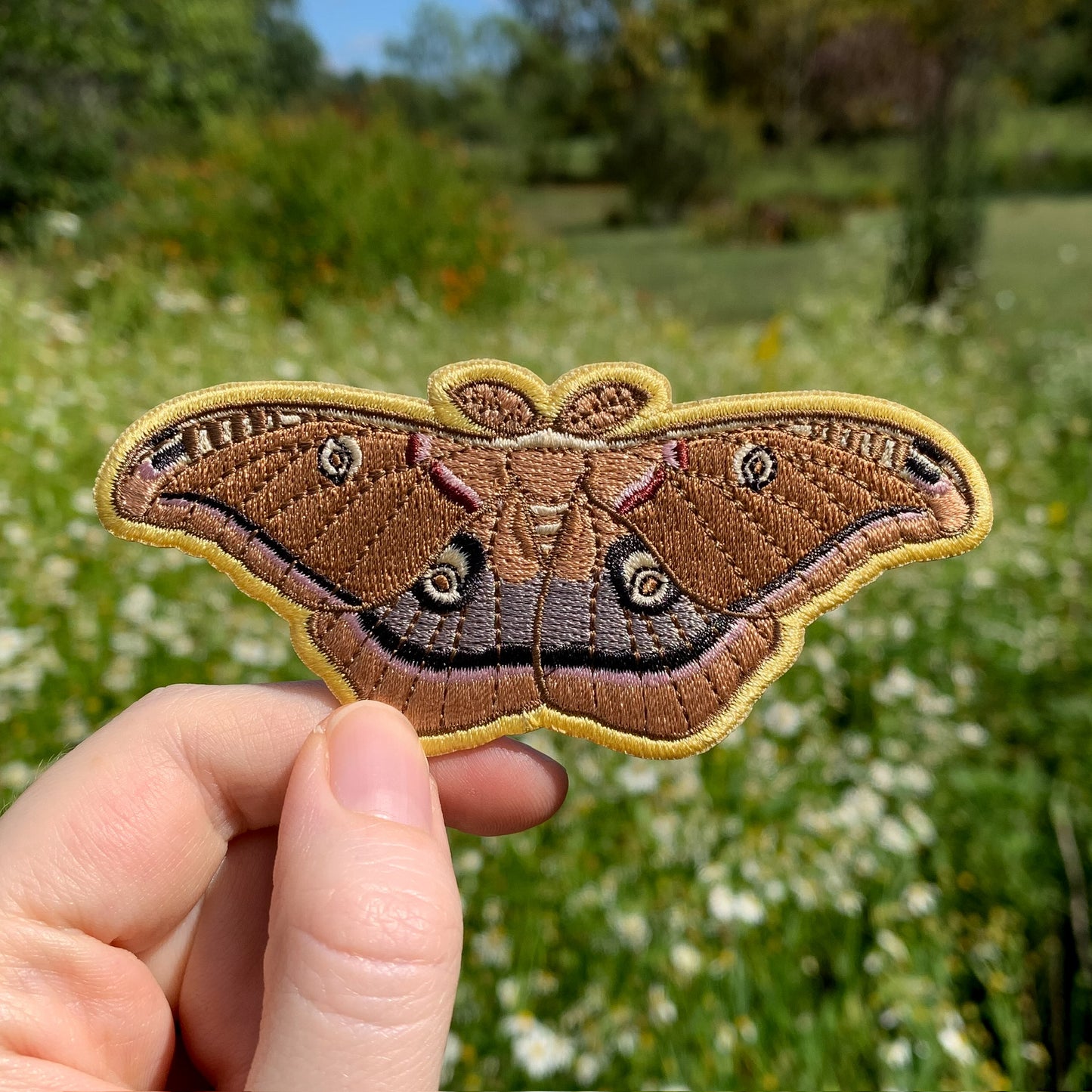 A hand holding an embroidered patch of a Polyphemus moth.