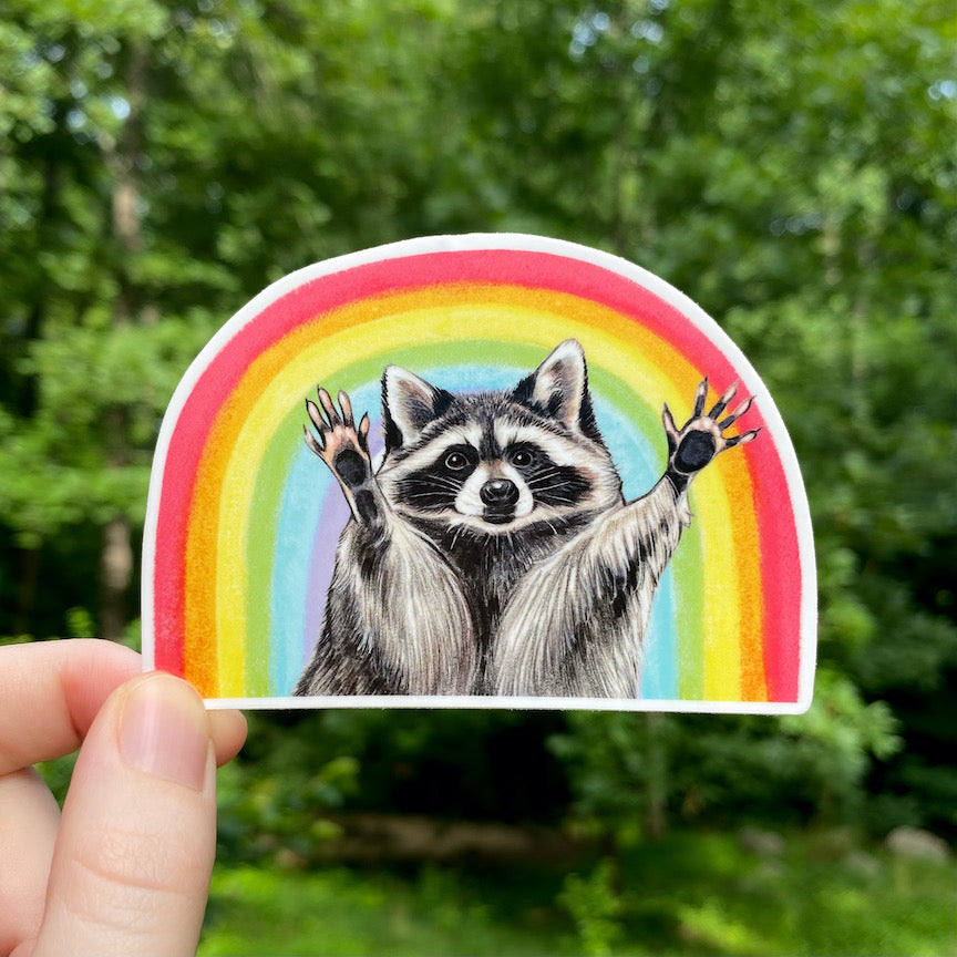 A weatherproof vinyl sticker featuring a raccoon with raised hands posed in front of a rainbow