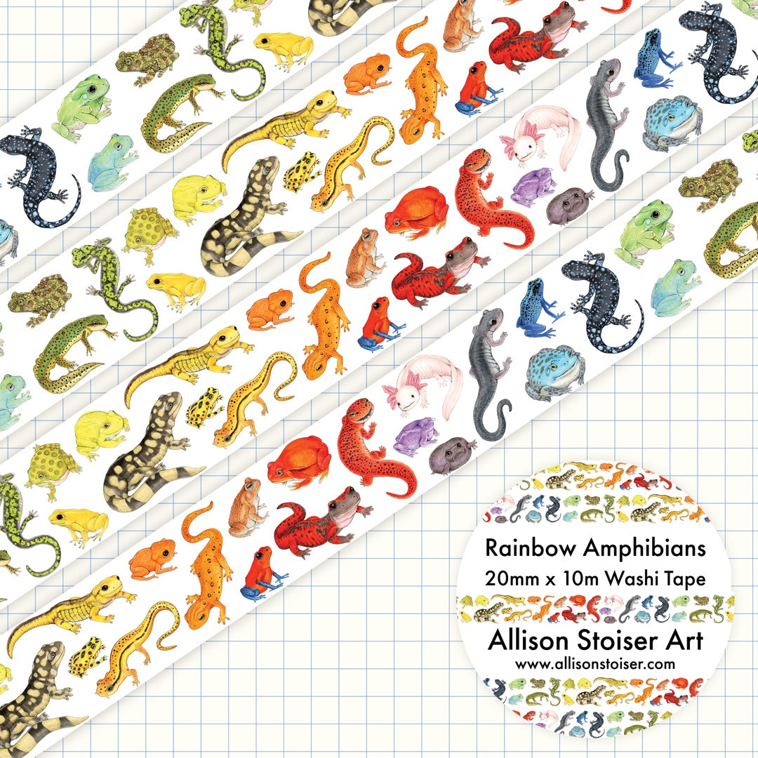A roll of washi tape with colorful illustrations of various amphibians, including frogs and salamanders.