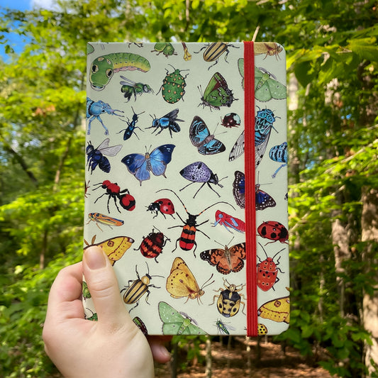 Notebook with insect pattern held in front of a forest background