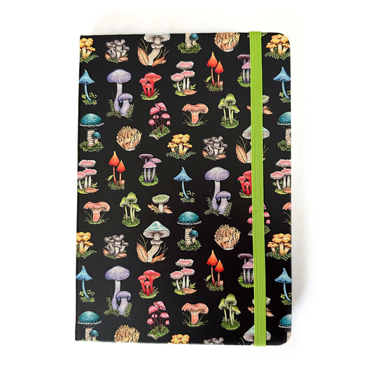Notebook with colorful mushroom pattern on a black background