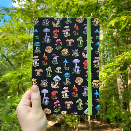 Notebook with colorful mushroom pattern held in front of a forest background