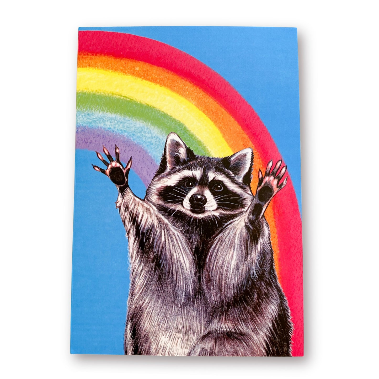 A softcover notebook with a cover of a raccoon with outstretched arms against a rainbow background