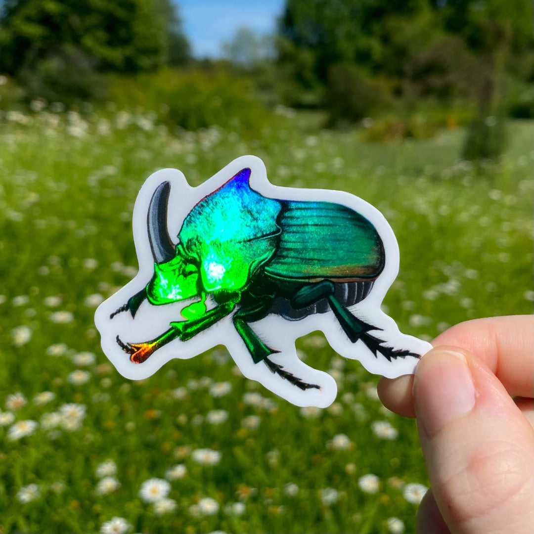 A hand holding a metallic sticker of a rainbow scarab dung beetle.