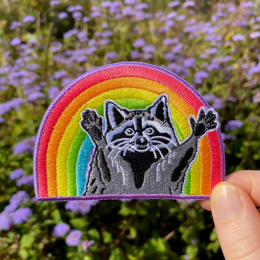 Rainbow raccoon embroidered patch