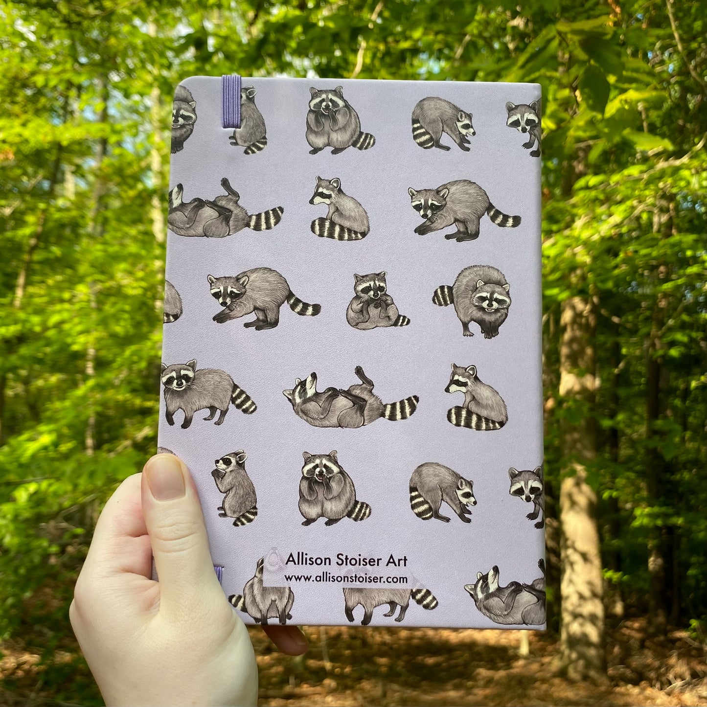 Notebook with raccoon pattern held in front of a forest background