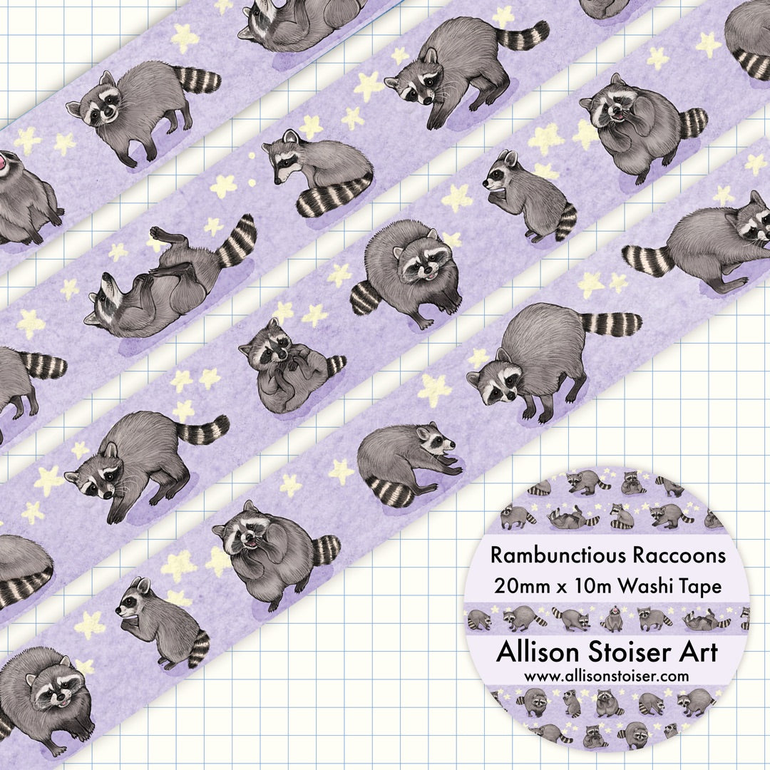 A roll of washi tape with illustrations of raccoons in various poses and expressions on a light purple watercolor background, with stars.