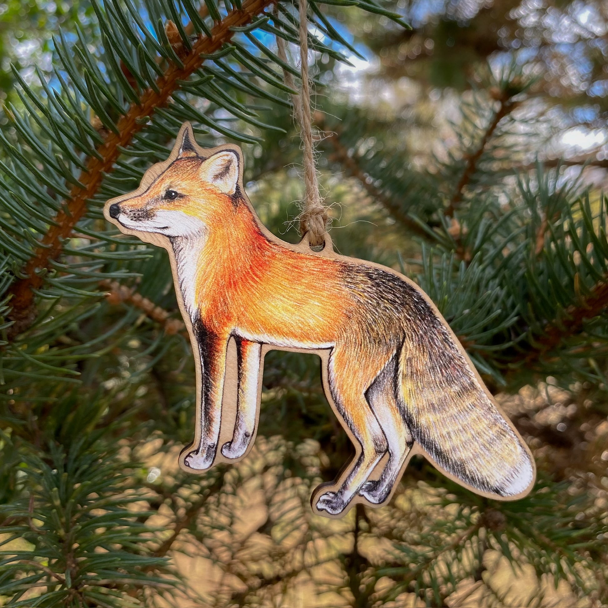 Red fox wood print ornament