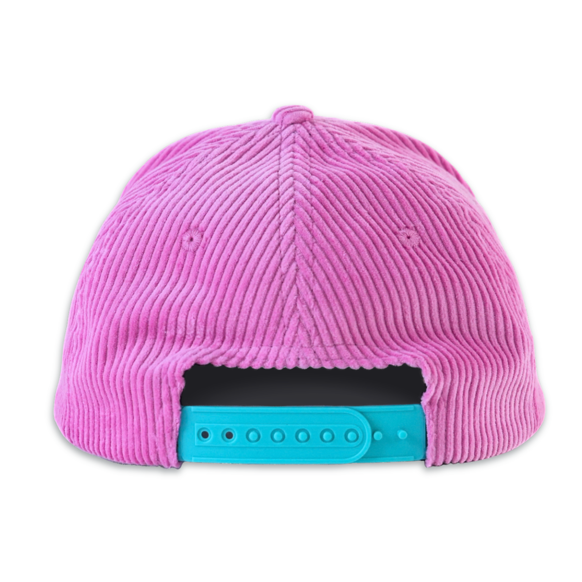 A pink corduroy baseball cap shown from the back, featuring a bright turquoise snapback closure strap against a plain white background.