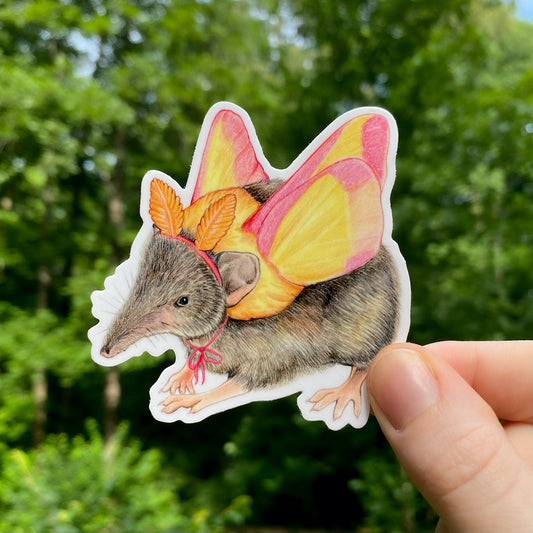 A weatherproof vinyl sticker featuring an illustration of a rosy maple moth