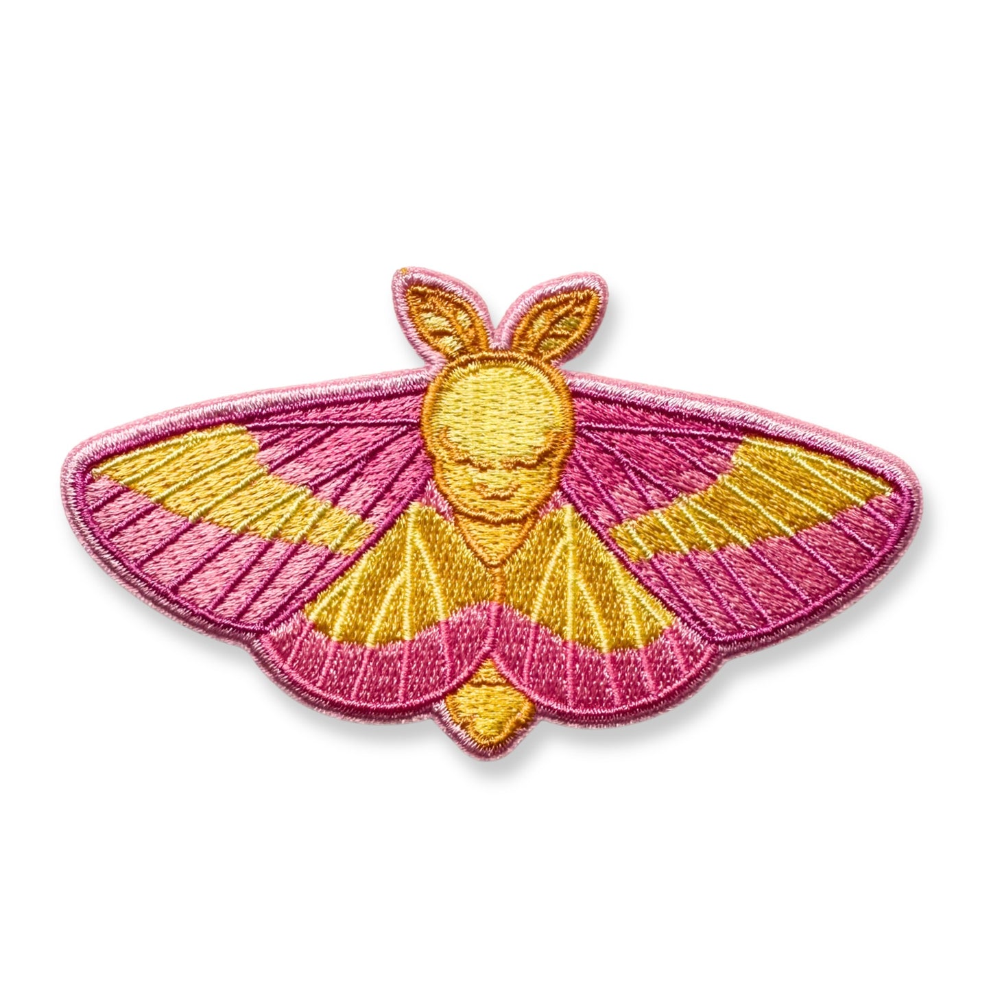 An embroidered rosy maple moth patch shown on a plain white background.