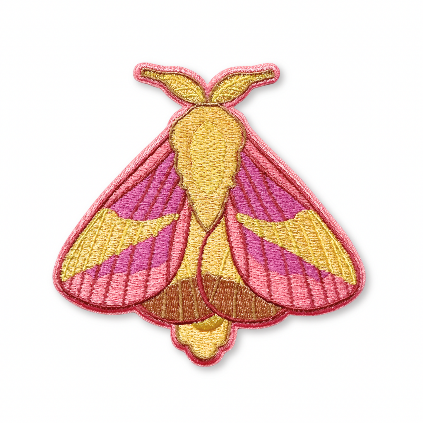Embroidered patch of a rosy maple moth on a white background