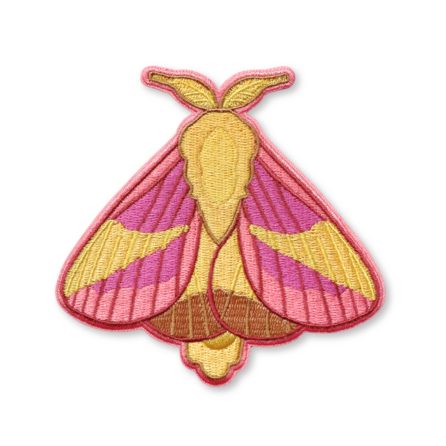 Embroidered patch of a rosy maple moth on a white background