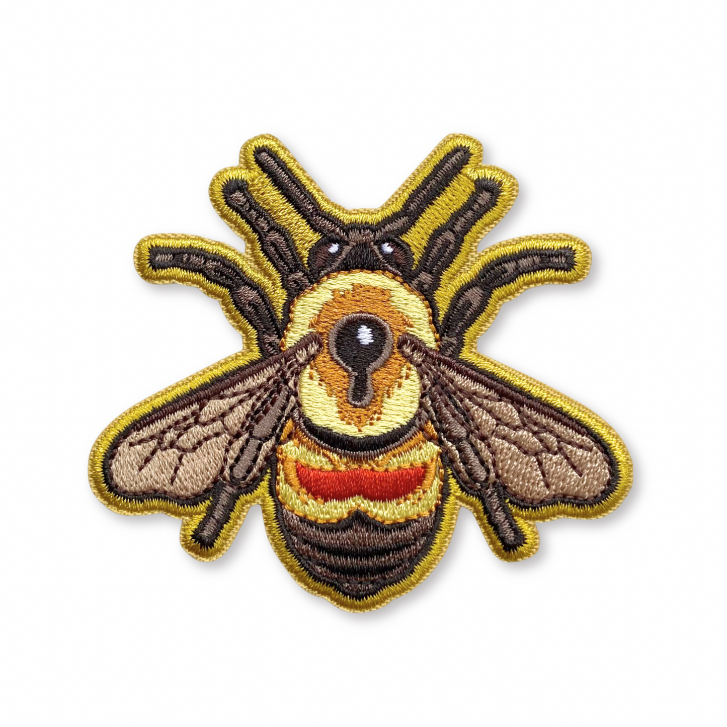 Embroidered bee patch on a white background
