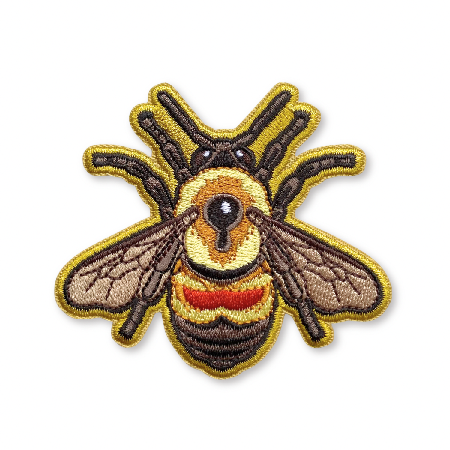 Embroidered bee patch on a white background