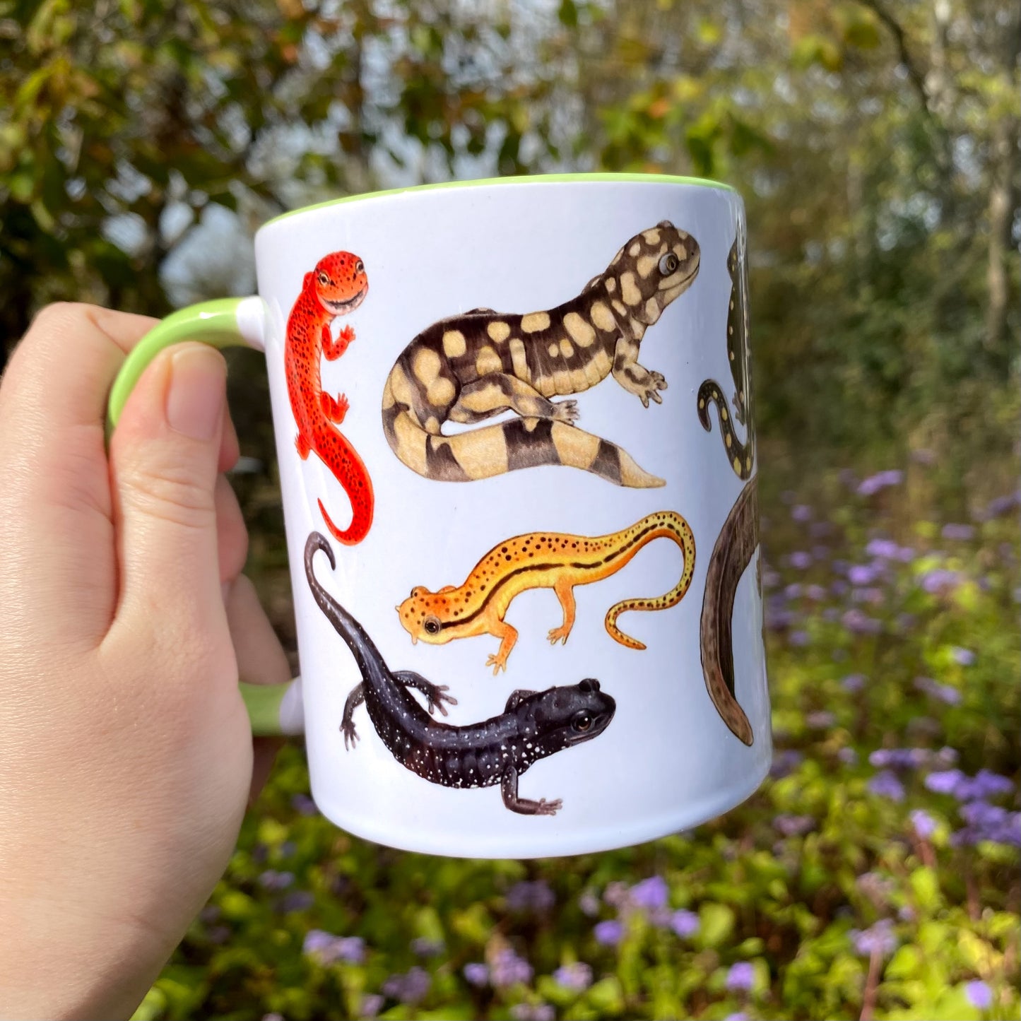 Mug with salamander illustrations held by a hand outdoors.
