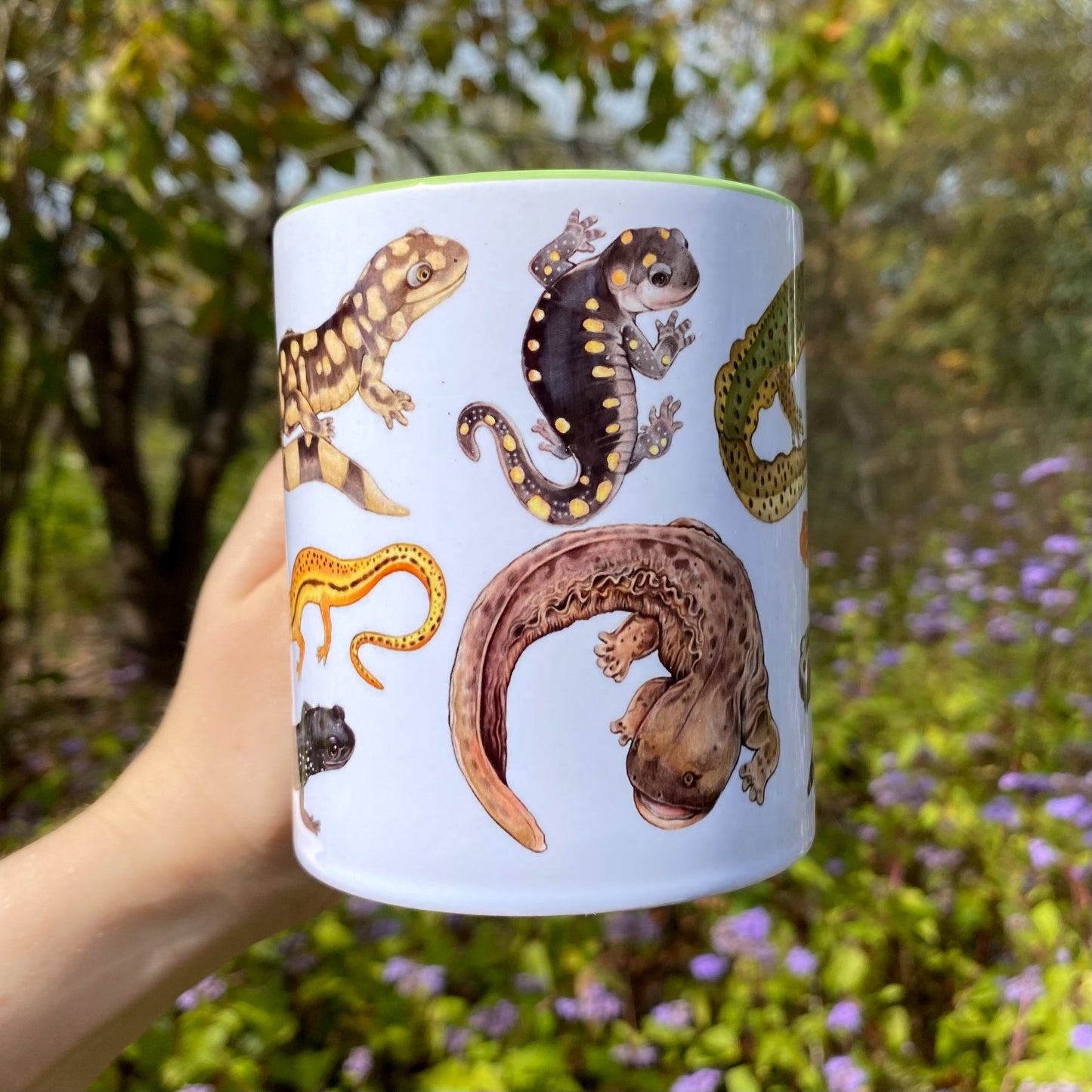Ceramic mug with salamander illustrations held in a hand against a natural background.
