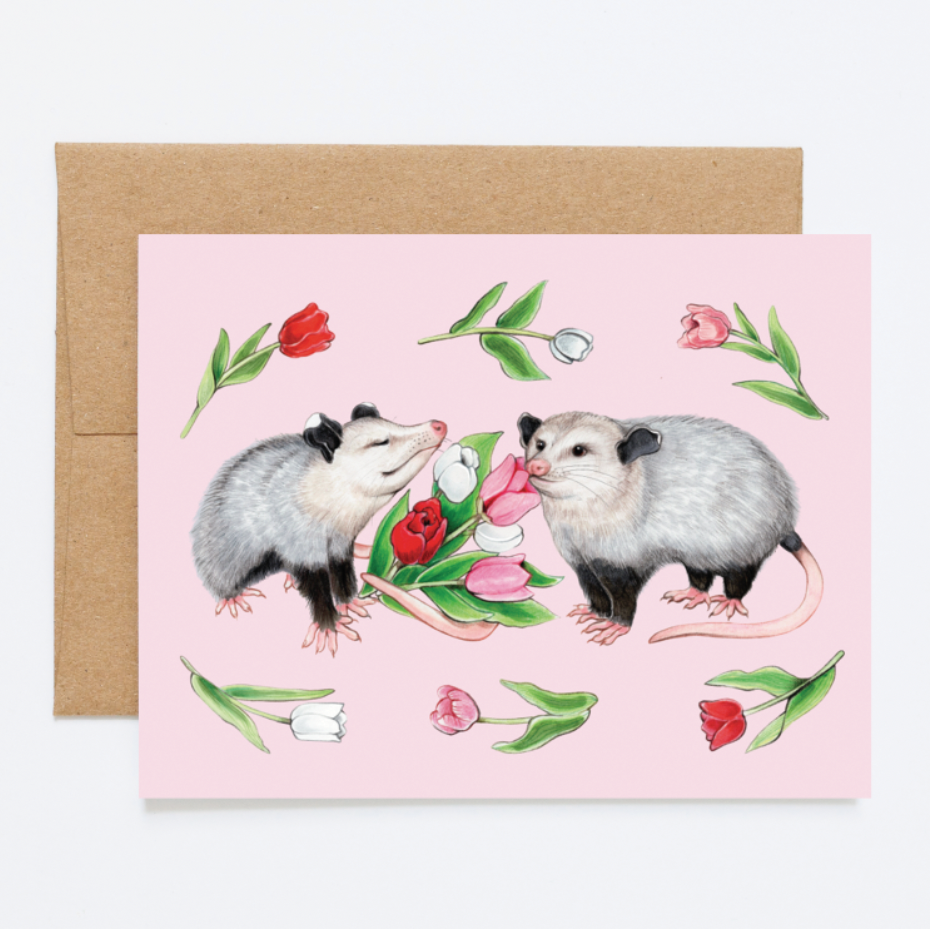 Opossums and Tulips Greeting Card (Valentine's/Love/Friendship/Everyday/Anniversary)