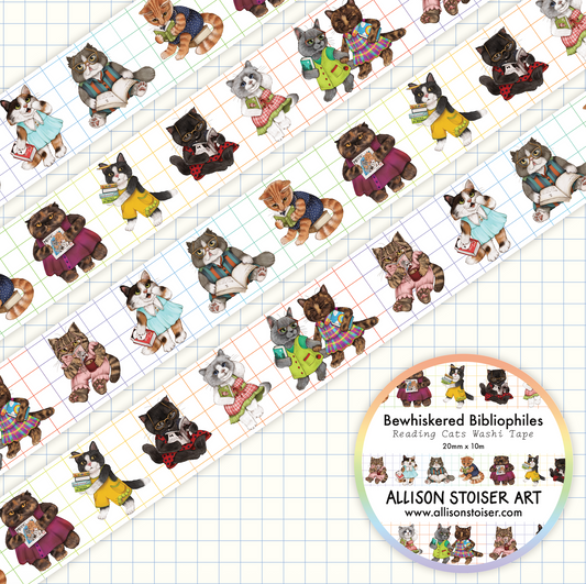 Washi tape with illustrated cats holding books on a grid background.