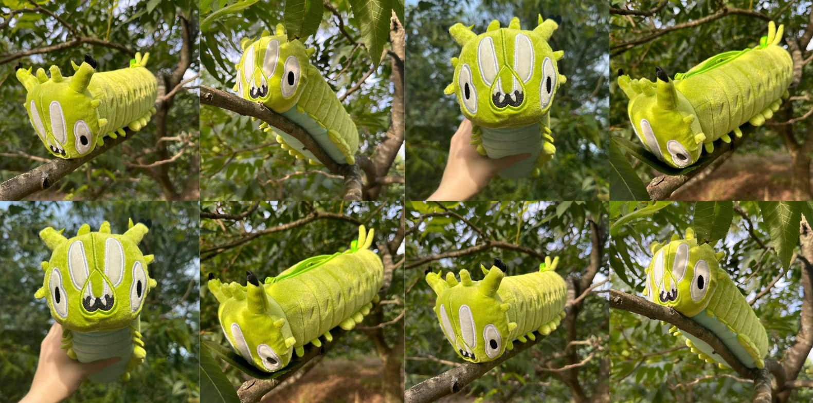 A collage of eight photos showing a bright green caterpillar plush toy in different poses, including some held by a hand and others hanging from tree branches outdoors.