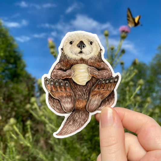 Hand holding a sticker of an otter with a natural background