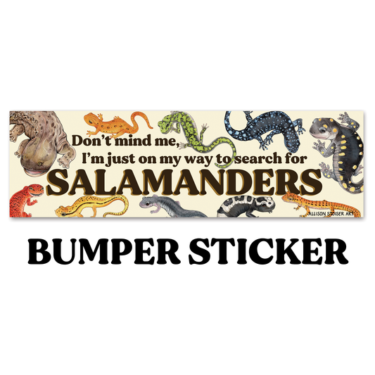 Bumper sticker with illustrations of salamanders and text on a white background
