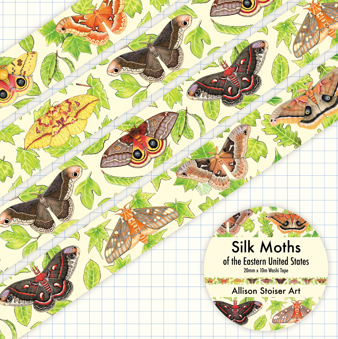 Silk Moths of the Eastern United States washi tape with moths and leaves on a parchment background.