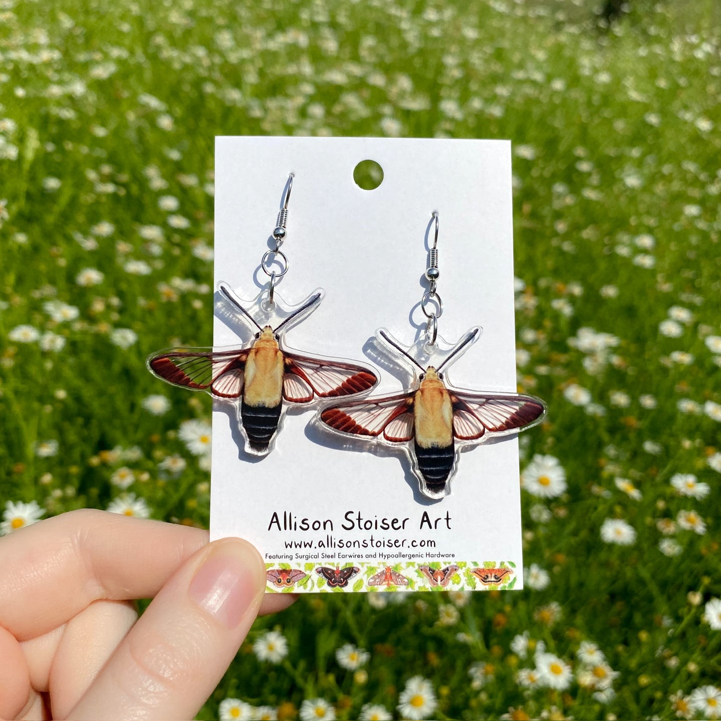 A hand holding a pair of clear acrylic earrings of snowberry clearwing moths.