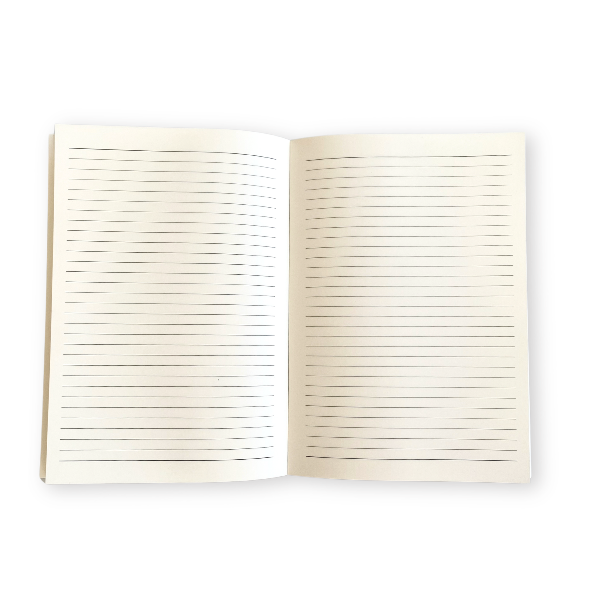Open notebook with lined pages on a white background