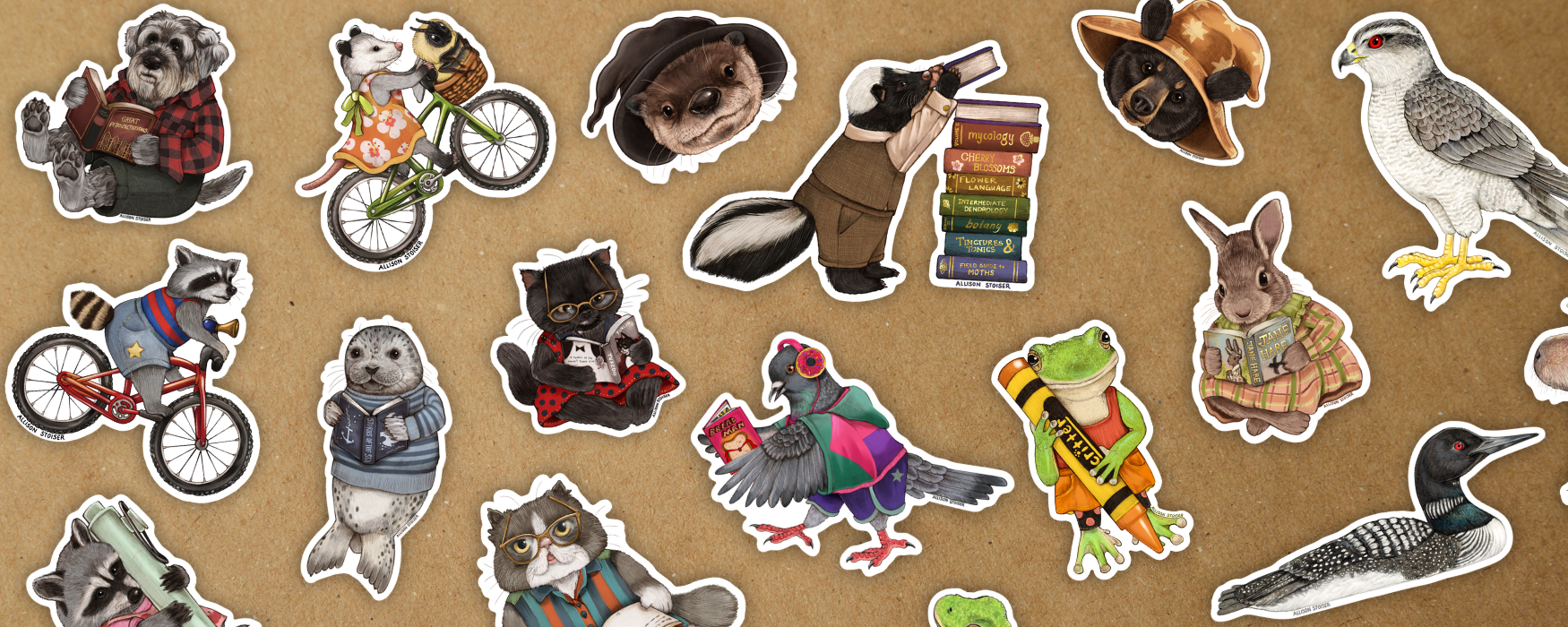 a spread of whimsical wildlife stickers