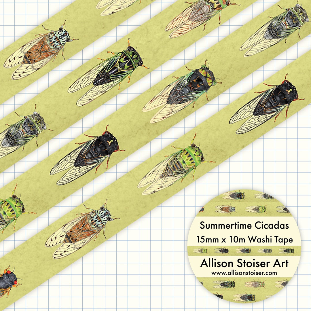 A roll of washi tape with illustrations of various cicadas on a green watercolor background.