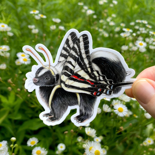 Sticker of a skunk with butterfly wings held over a field of flowers