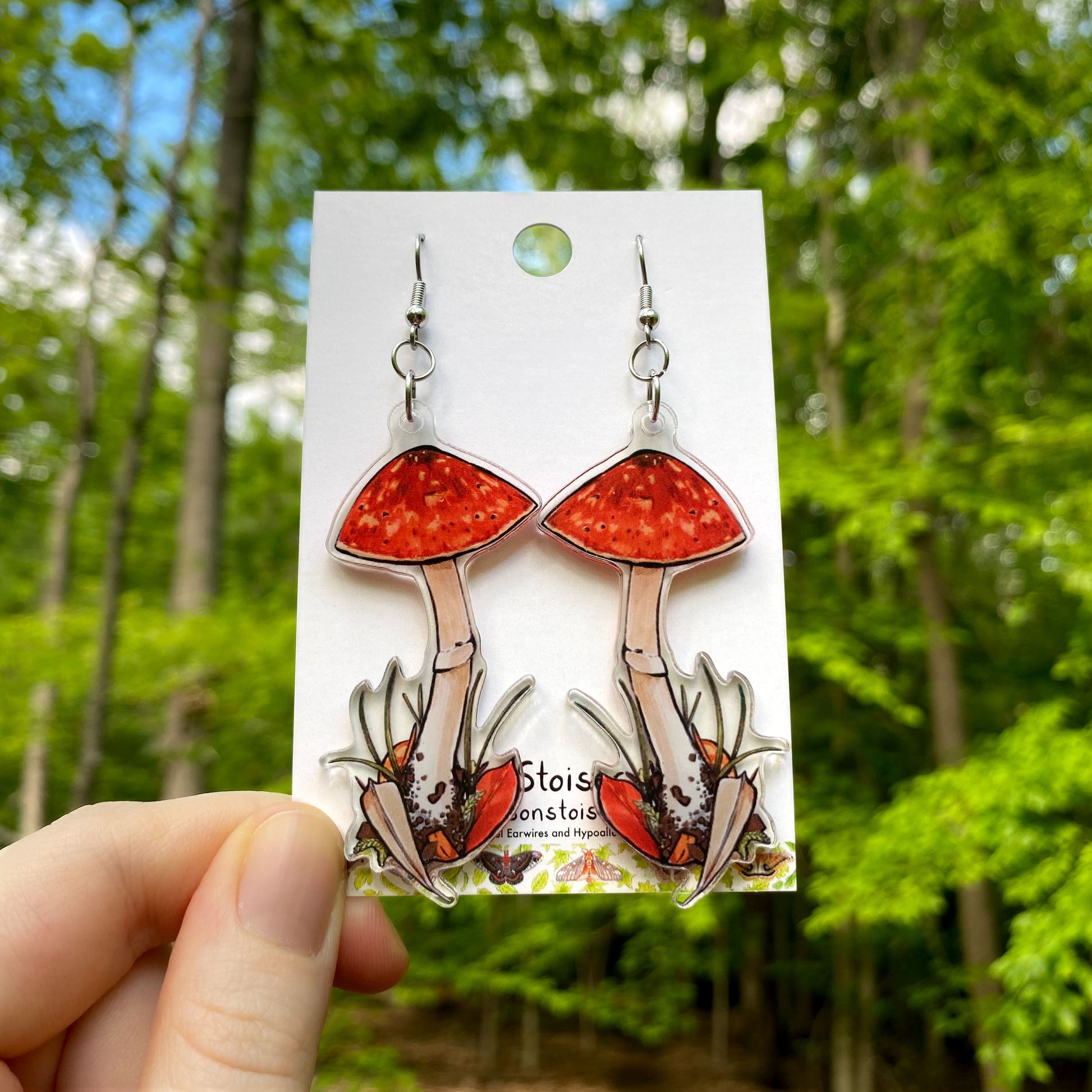 Acrylic earrings with tall amanita mushroom charms