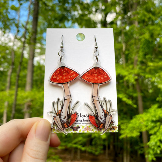 Acrylic earrings with tall amanita mushroom charms