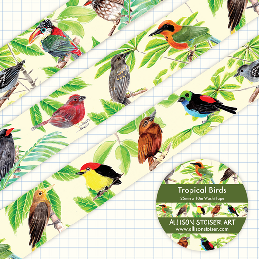 Tropical bird-themed washi tape with colorful birds and green leaves on a grid background. The text reads Tropical Birds 25mm x 10mm Washi Tape, Allison Stoiser Art.