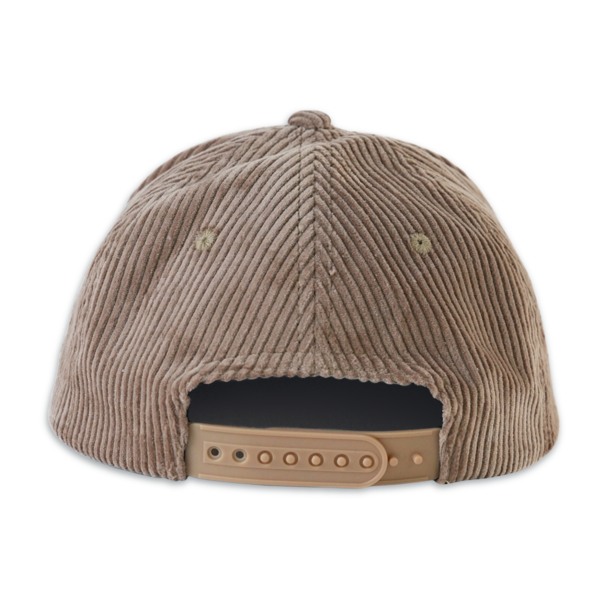 The back view of a brown corduroy snapback cap with a tan plastic adjustment strap on a white background.