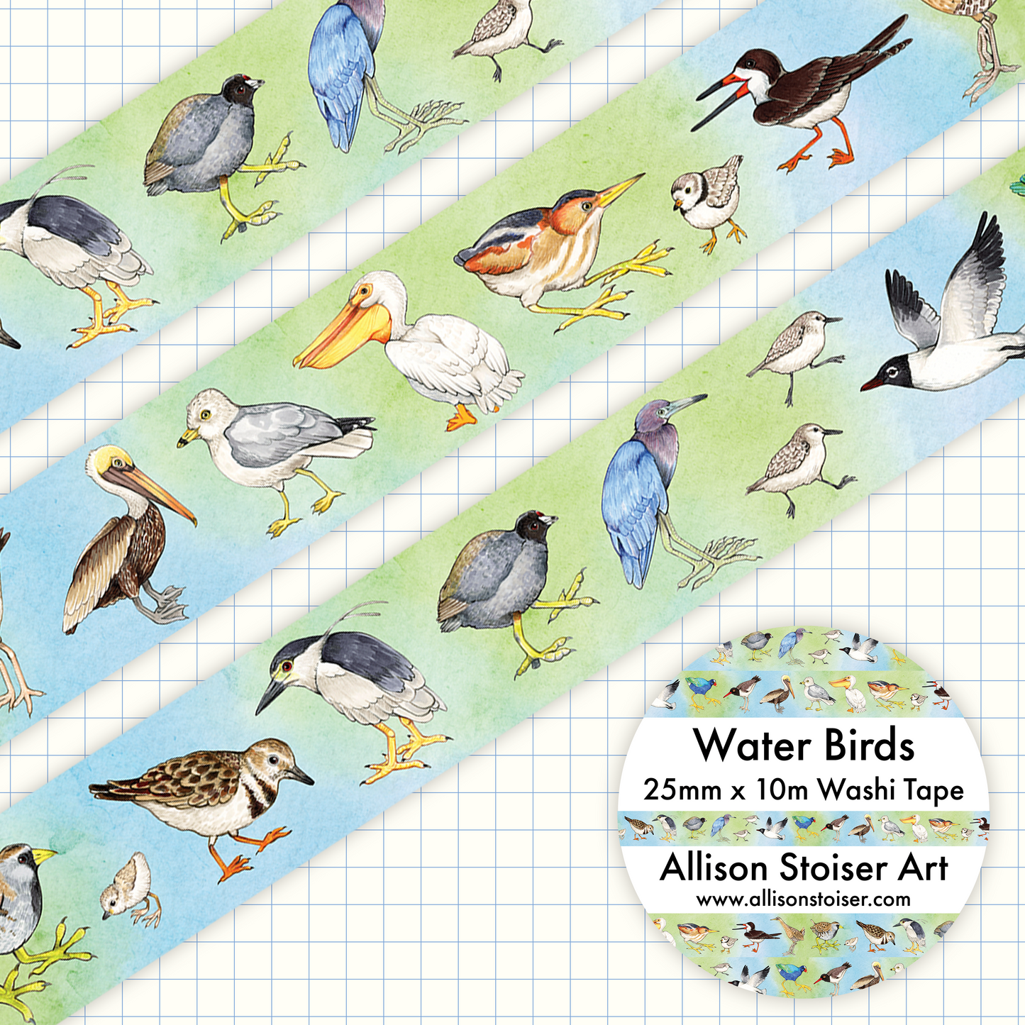 A washi tape with a series of illustrations of various water birds on a green background.
