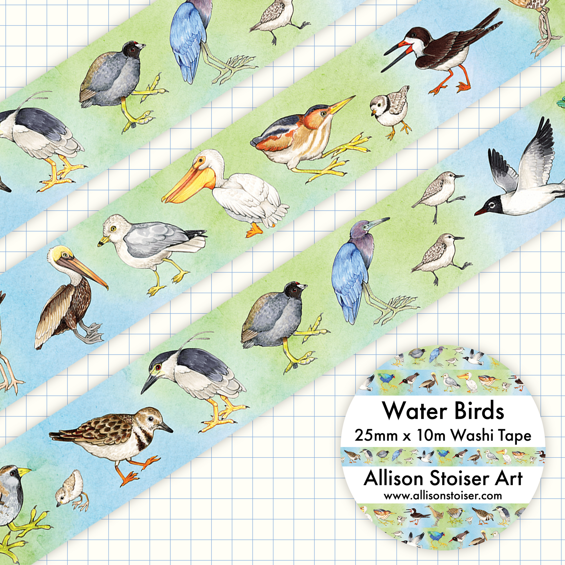 A washi tape with a series of illustrations of various water birds on a green background.